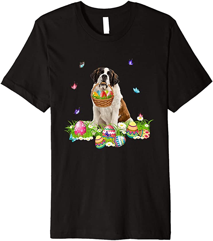 Saint Bernard Bunny Dog With Easter Eggs Basket Butterflies Premium T-Shirt