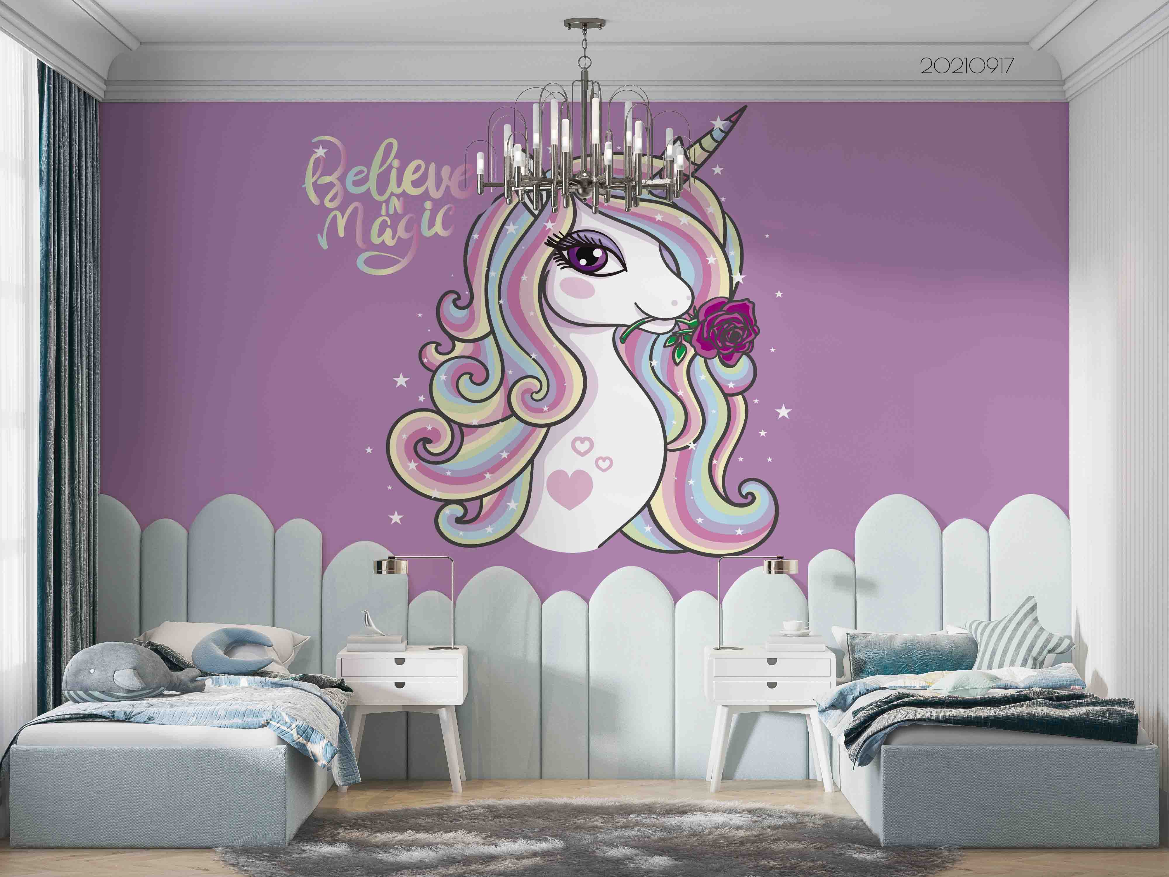 3D Cartoon Animal Purple Unicorn Wall Mural Wallpaper Lqh 152