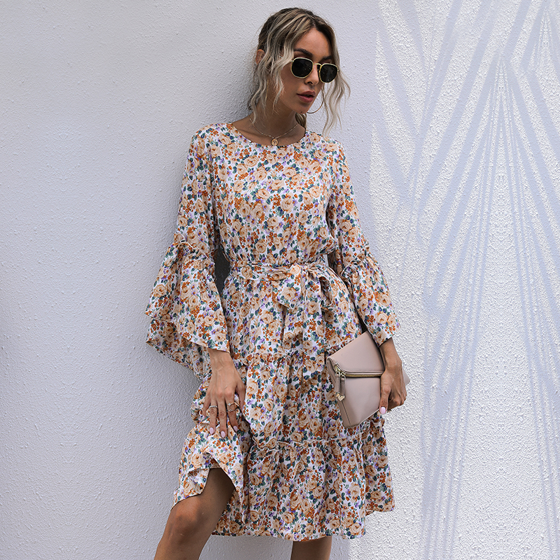 Women Elegant Cascade Ruffled Midi Dress Autumn O Neck Commute OL Shirt Dress Female Casual Holiday Dress New Floral Dress alx