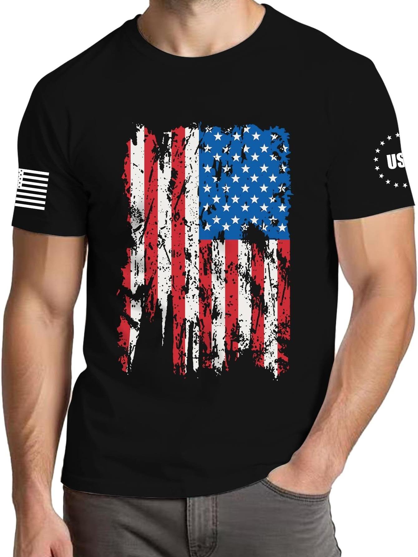 4th of July Shirts Men USA American Flag Patriotic Independence Day Higher Quality Short Sleeve T-Shirt, Casual Cotton, Menswear Top