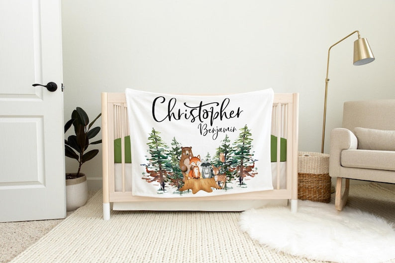 Woodland Nursery Baby Blanket, Forest Animal Baby Blanket, New Baby Gift, Woodland Animal Baby Blanket, Bear Fox Raccoon Deer Blanket W1