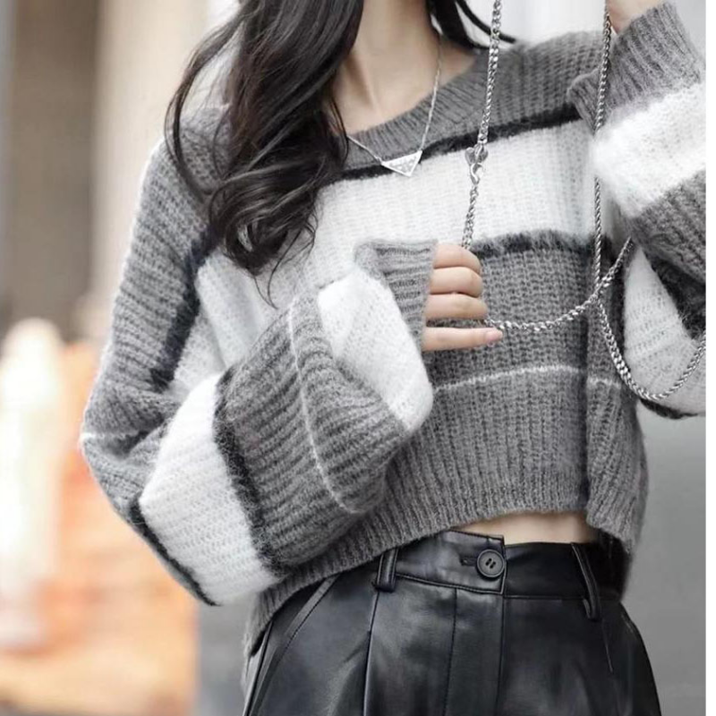 Aesthetic Grunge Y2k Clothes Contrast Cropped Grey White Striped Knitted Sweater Goth Sueter Mujer Jumper Top Coat Sweaters alx