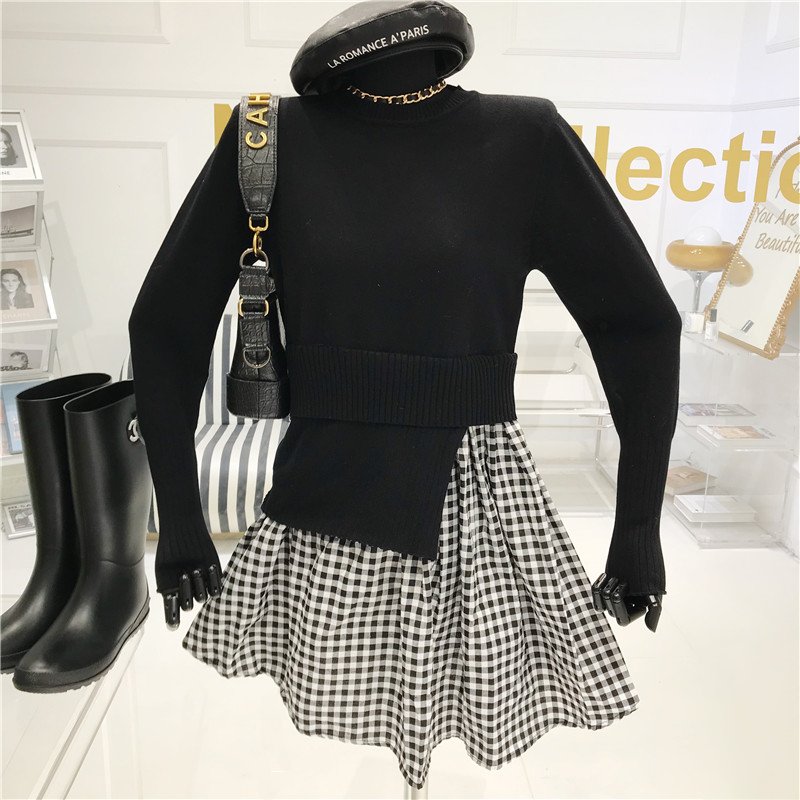 ALPHALMODA 2020 Spring New Women Patchwork Dress Knitting Sweater Top Stitcting with Shirt Skirt Ladies Fashion Mini Dress alx