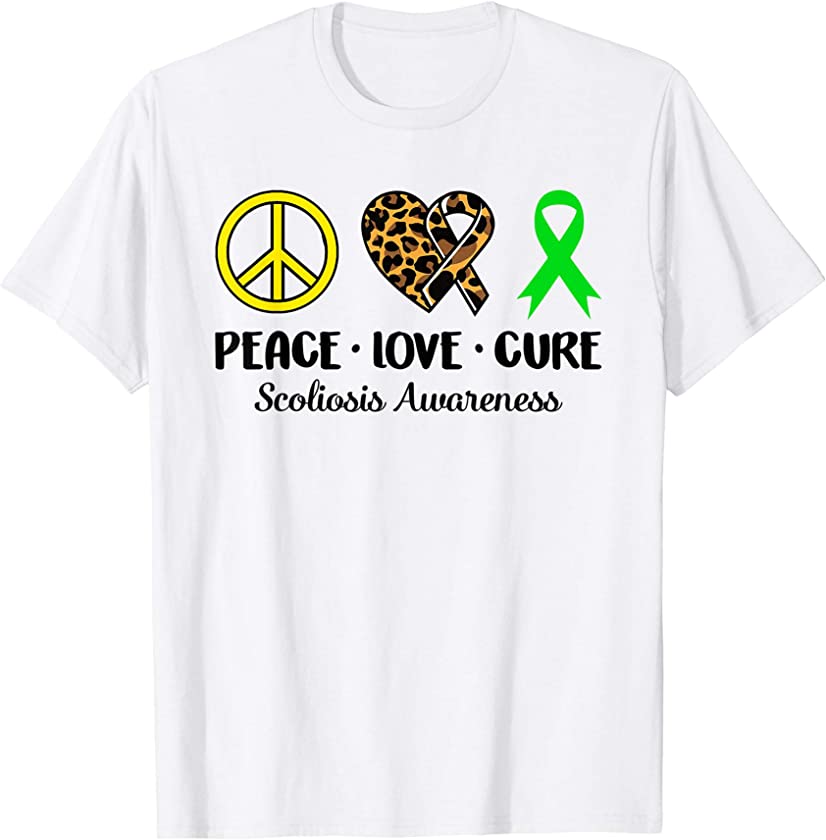 Scoliosis Awareness Peace Love Leopard Heart Ribbon Family T-Shirt