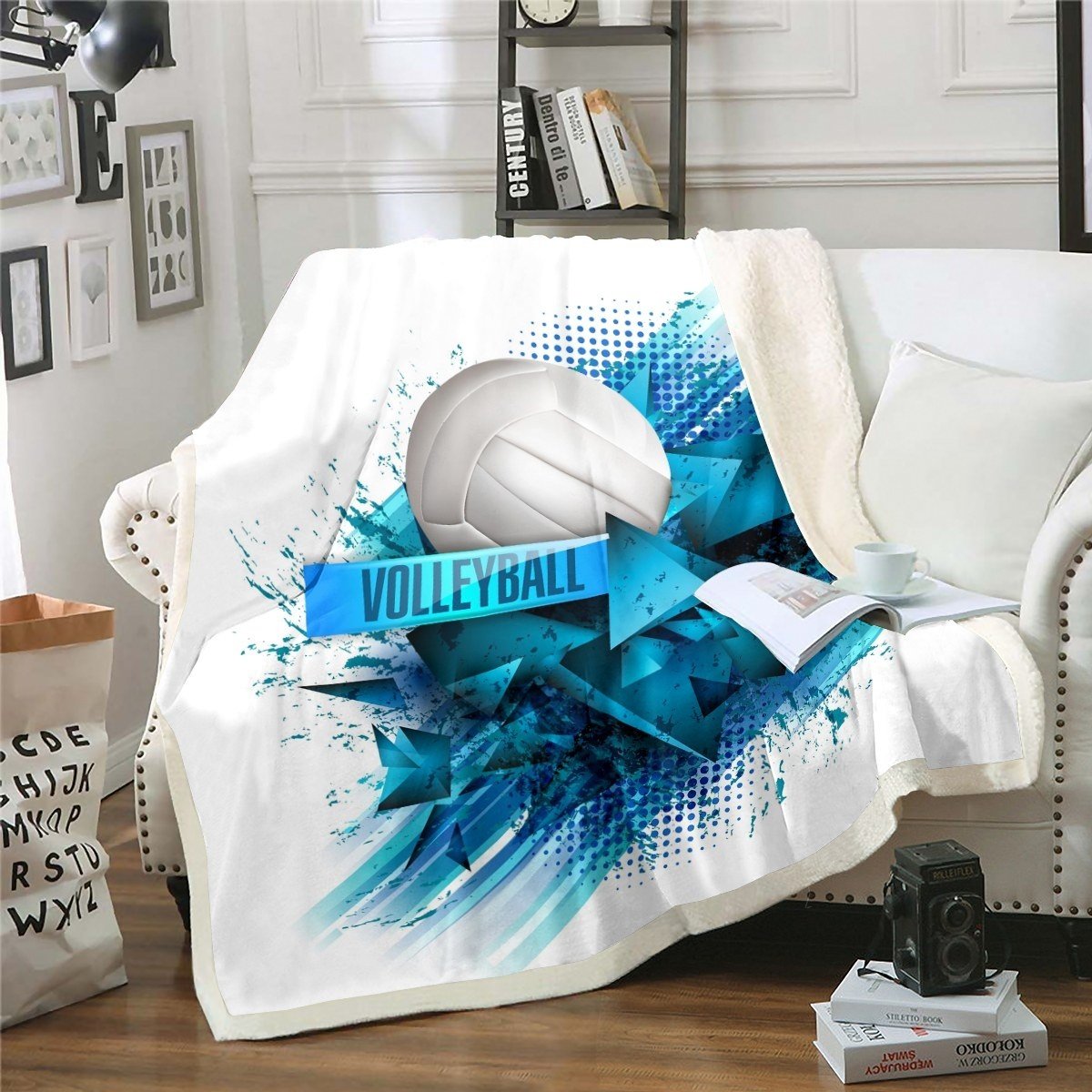 Volleyball Sherpa Blanket Sports Theme Throw Blanket 3D Ball Pattern Fleece Blanket for Couch Bed Sofa Bedroom Decor Volleyball Games Fuzzy Blanket Geometric Stripe