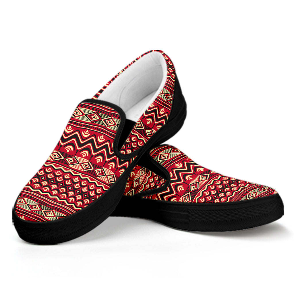 Red African Tribal Pattern Print Black Slip On Shoes