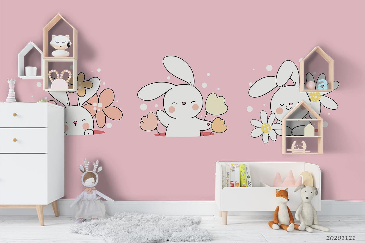 3D Cartoon Hand Drawn Floral Bunny Animal Pink Wall Mural Wallpaper Lxl