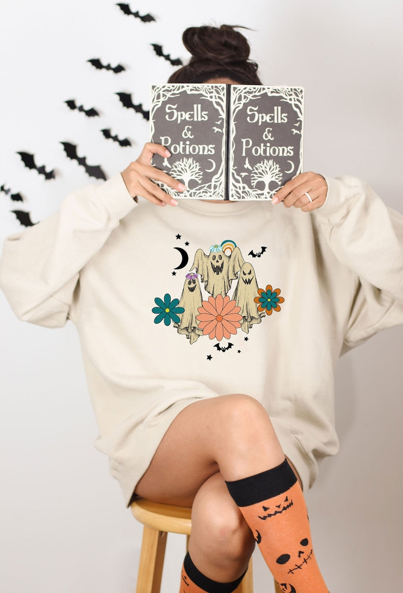 Retro Floral Ghost Halloween Crewneck Sweatshirt All Over Print Sweatshirt For Women Sweatshirt For Men Sws1222