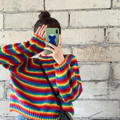 Women’s Sweaters Japanese Kawaii Ulzzang Rainbow Loose Lazy Wind Long Sleeve Sweater Female Korean Harajuku Clothing For Women alx