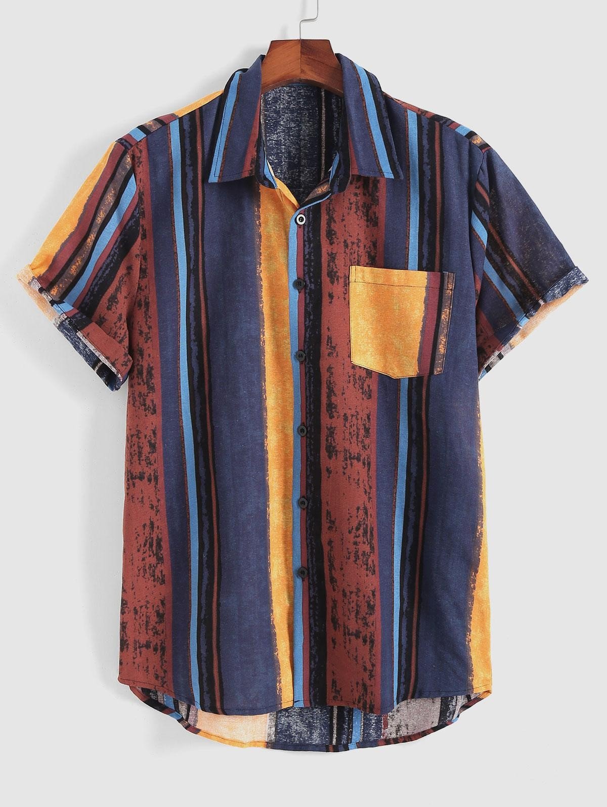 Men’S Stripe Contrast Print Pocket Casual Short Sleeve Shirt