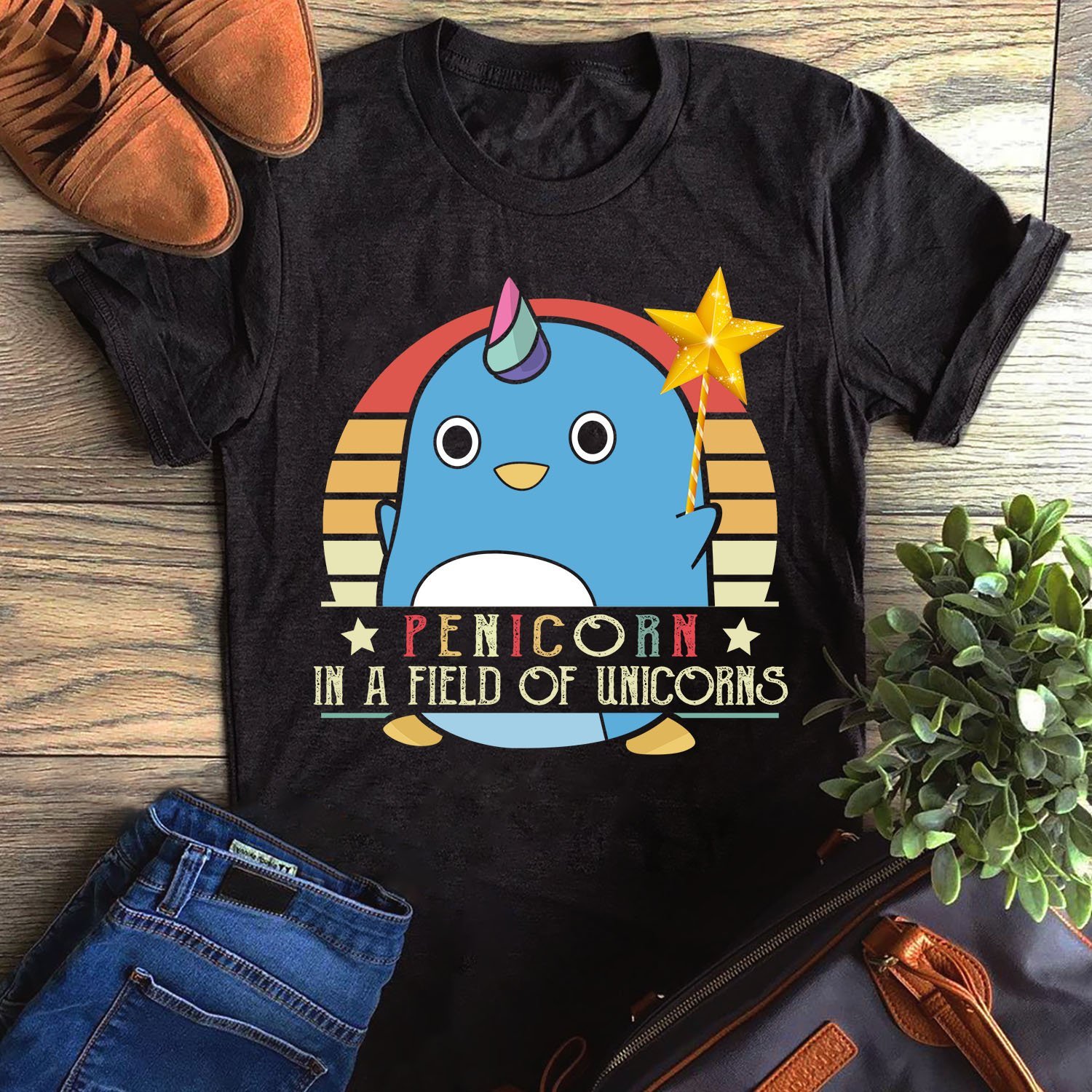 Penicorn In A Field Of Unicorns Funny Cute Penguin Unicorn Unisex T-Shirt Hoodie Sweatshirt Plus Size S-5Xl