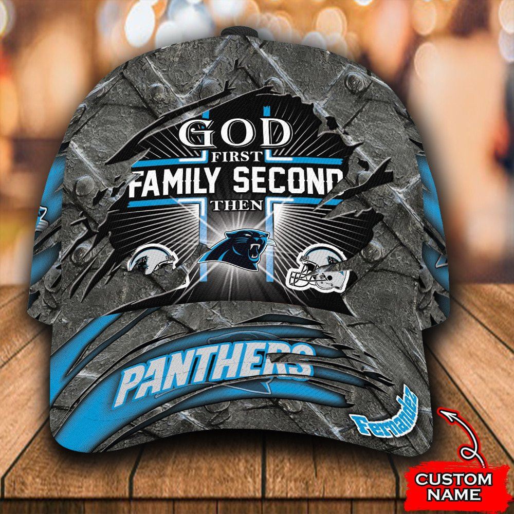 Personalized God First Family Second Then Carolina Panthers All Over Print 3D Baseball Cap