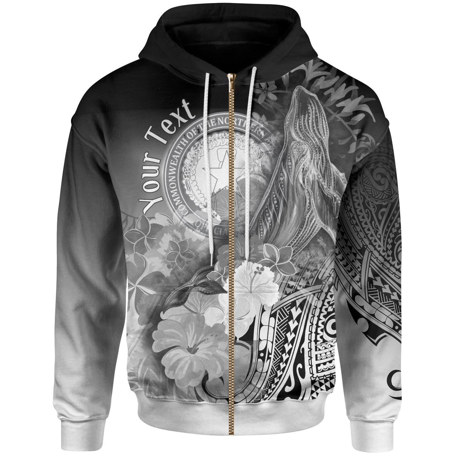 CNMI Custom Personalised  Zip-up Hoodie – Humpback Whale with Tropical Flowers (White) – BN18