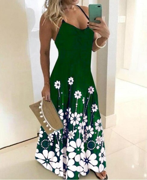 Ah yuan S-5XL Summer Casual Women Maxi Dress Sexy Robe Floral Printed Long Dress Sleeveless V-neck Plus Size Women Dress Loose alx