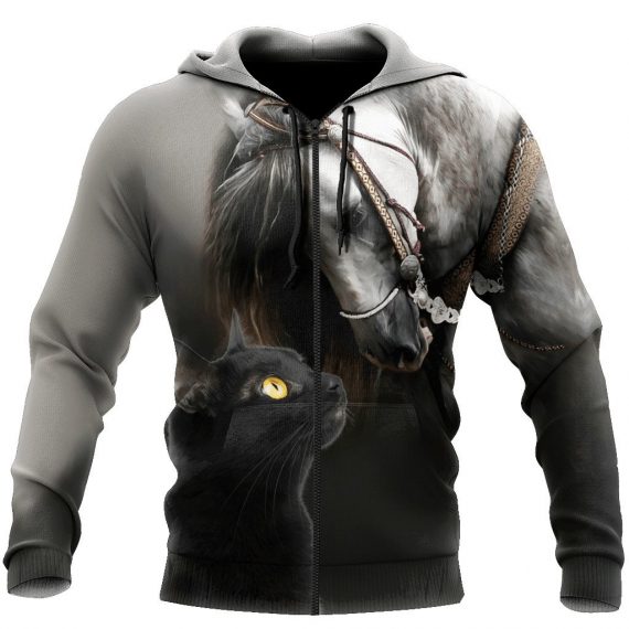 Cat Gifts Horse And Cat Lovers All Over Printed Us Unisex Size Zip Up Hoodie