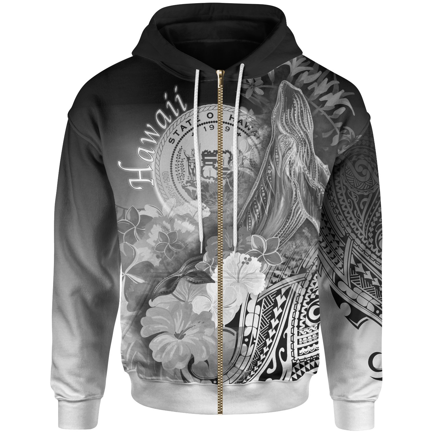 Polynesian Hawaii Zip-Up Hoodie – Humpback Whale with Tropical Flowers (White)- BN18