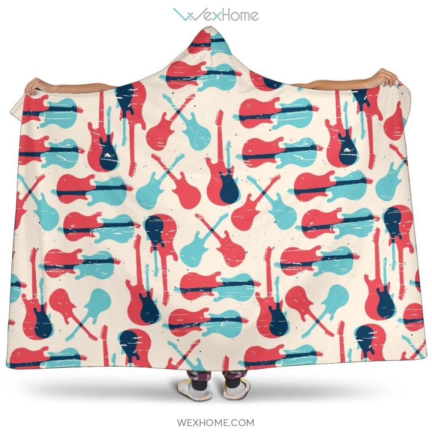 Red Blue Guitar Pattern Hooded Blanket