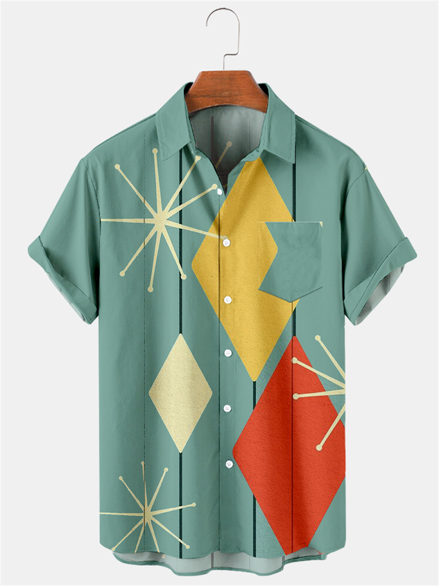 Men Hawaiian Retro Geometric Abstract Elements Casual Short Sleeved Shirt