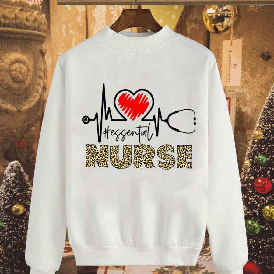 Nurse heart stethscope heart beat essential nurse leopard white sweatshirt for men and women S-5XL