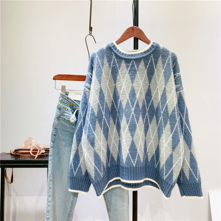 2022 Autumn And Winter Women’s Literature And Art Retro Style Geometry Rhombic Soft Glutinous Sweater alx