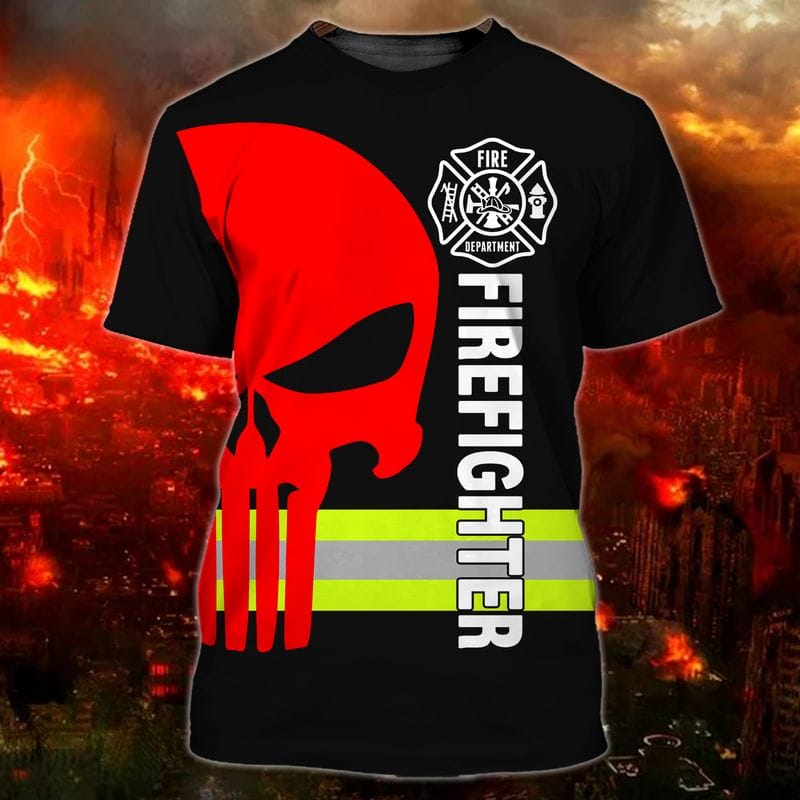 Black And Red Skull Firefighter Full Printed 3D Shirt, Coolest Shirt Gift For Firefighter