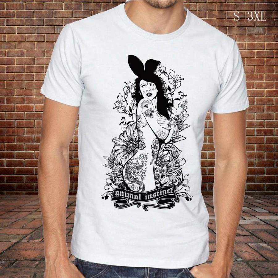 Rabbit Female Tattoo Design T Shirt Men Harajuku Summer Black And White Printin Male Tops Short Sleeve Vogue Street Popular Tees