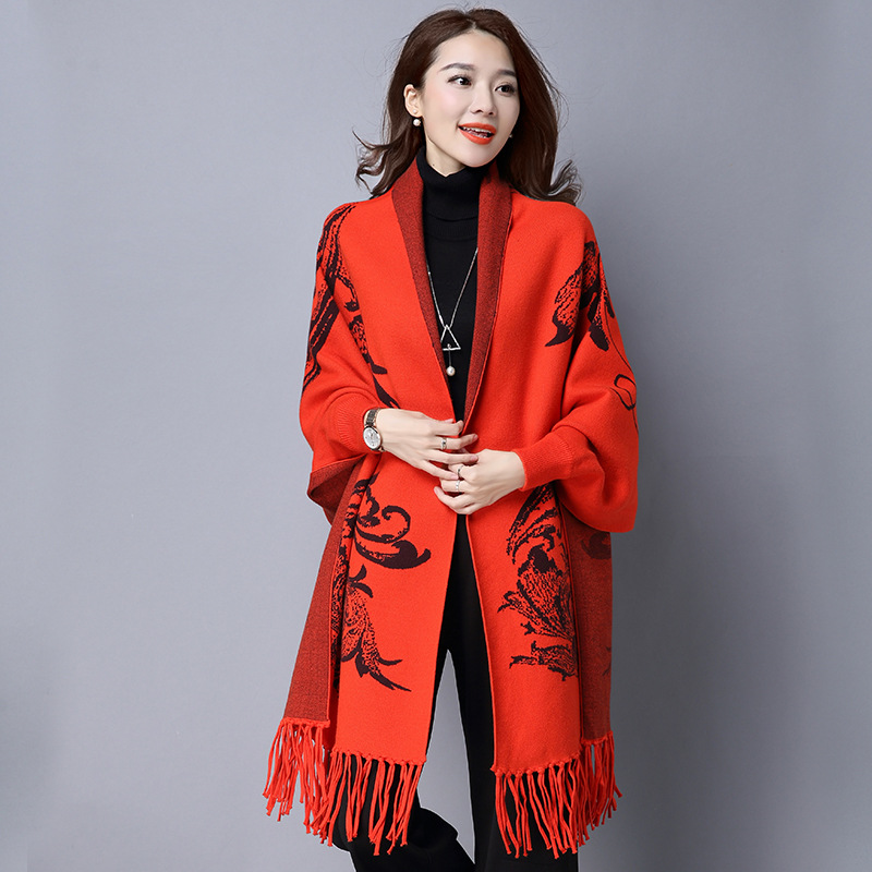 Women’s Elegant Loose Tassel Bat Sleeve Autumn Winter Cashmere Knitted Cardigan Sweater Scarf Cape Outwear alx