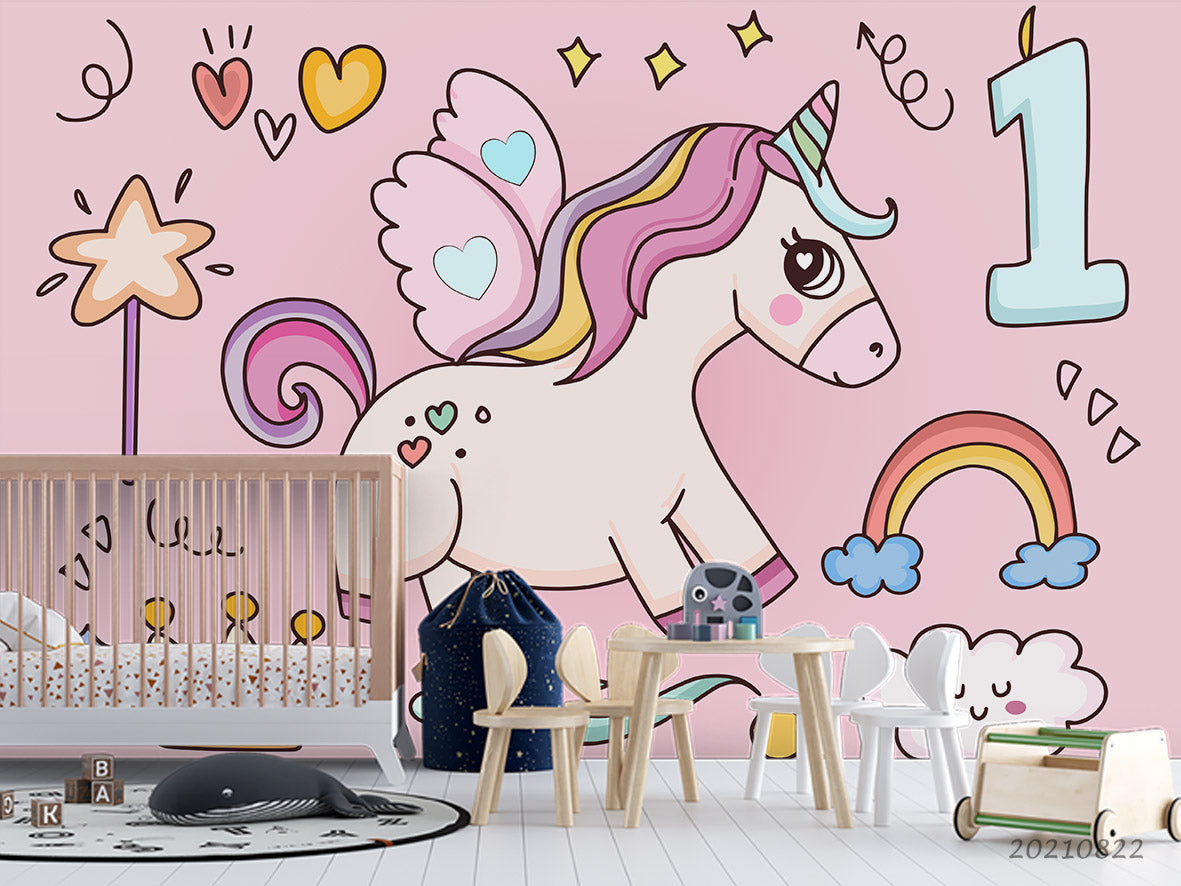 3D Cartoon Animal Unicorn Rainbow Wall Mural Wallpaper Lqh 470