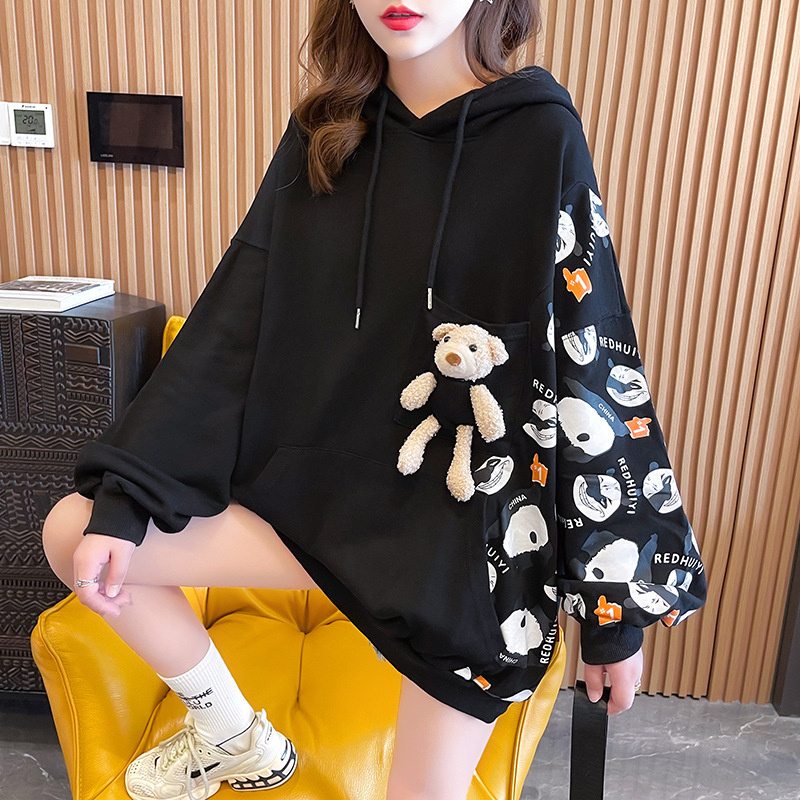 Autumn Cute Panda Print Patchwork Colors Women Hooded Sweatshirt Casual Oversized Pullover Top Pocket Bear Dolls Kawaii Hoodies alx