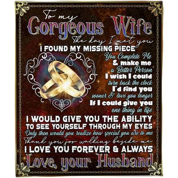 To My Gorgeous Wife I Love You Forever And Always Ring Heart Fleece Blanket Gift For Wife Home Decor Bedding Couch Sofa Soft And Comfy Cozy