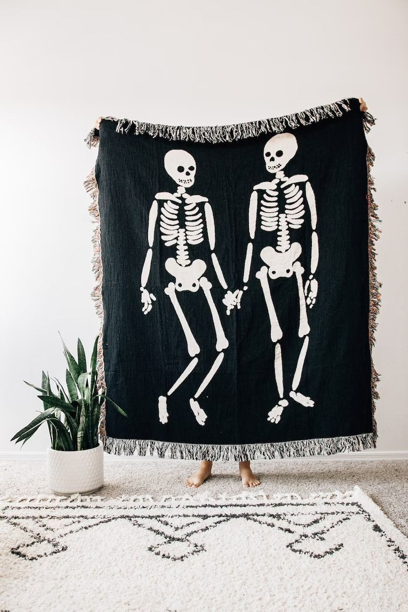 Skeleton Love Woven Throw Blanket: Black & Off White, Halloween And Goth Decor