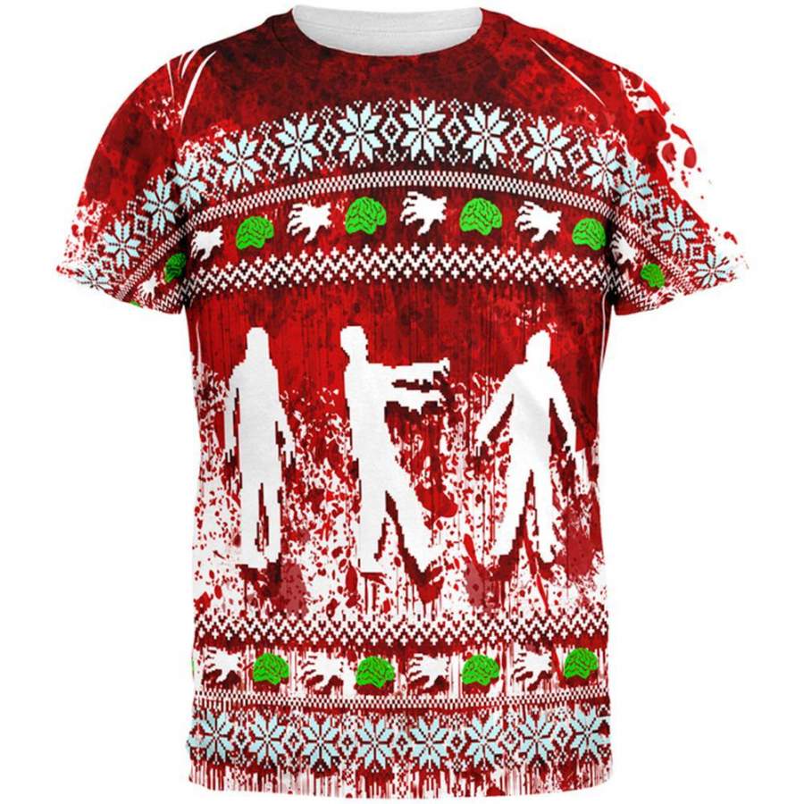 Ugly Christmas Sweater Bloody Zombie Attack Survivor All Over Mens T Shirt