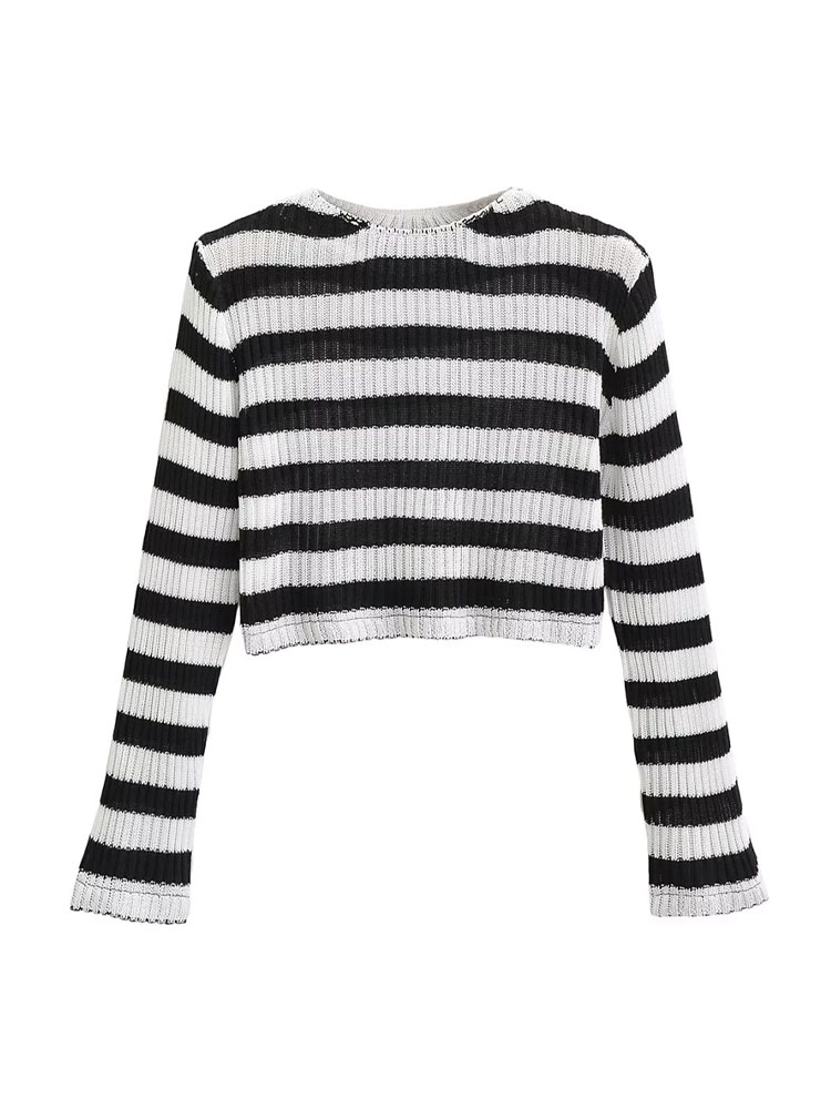 TRAF Women Fashion Striped Cropped Knit Sweater Vintage O Neck Long Sleeve Female Pullovers Chic Tops alx