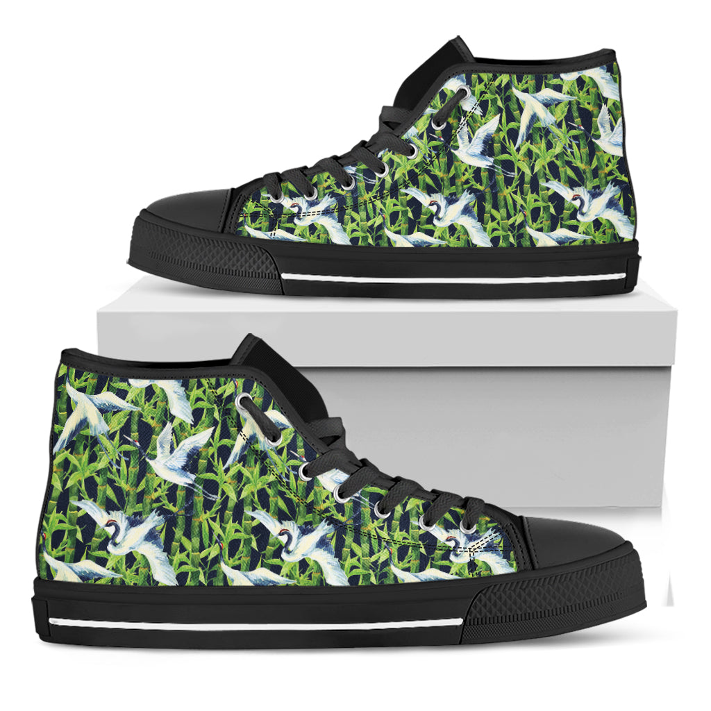 Watercolor Crane Bird Pattern Print Black High Top Shoes