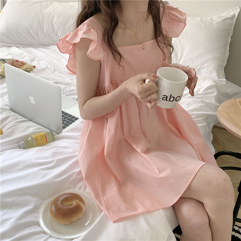 Women Nightgowns Sleeveless Solid Ruffles Pleated Retro Gentle Teens Ulzzang Mini Nightdress Sleepwear Elegant Sweet Kawaii Cozy alx