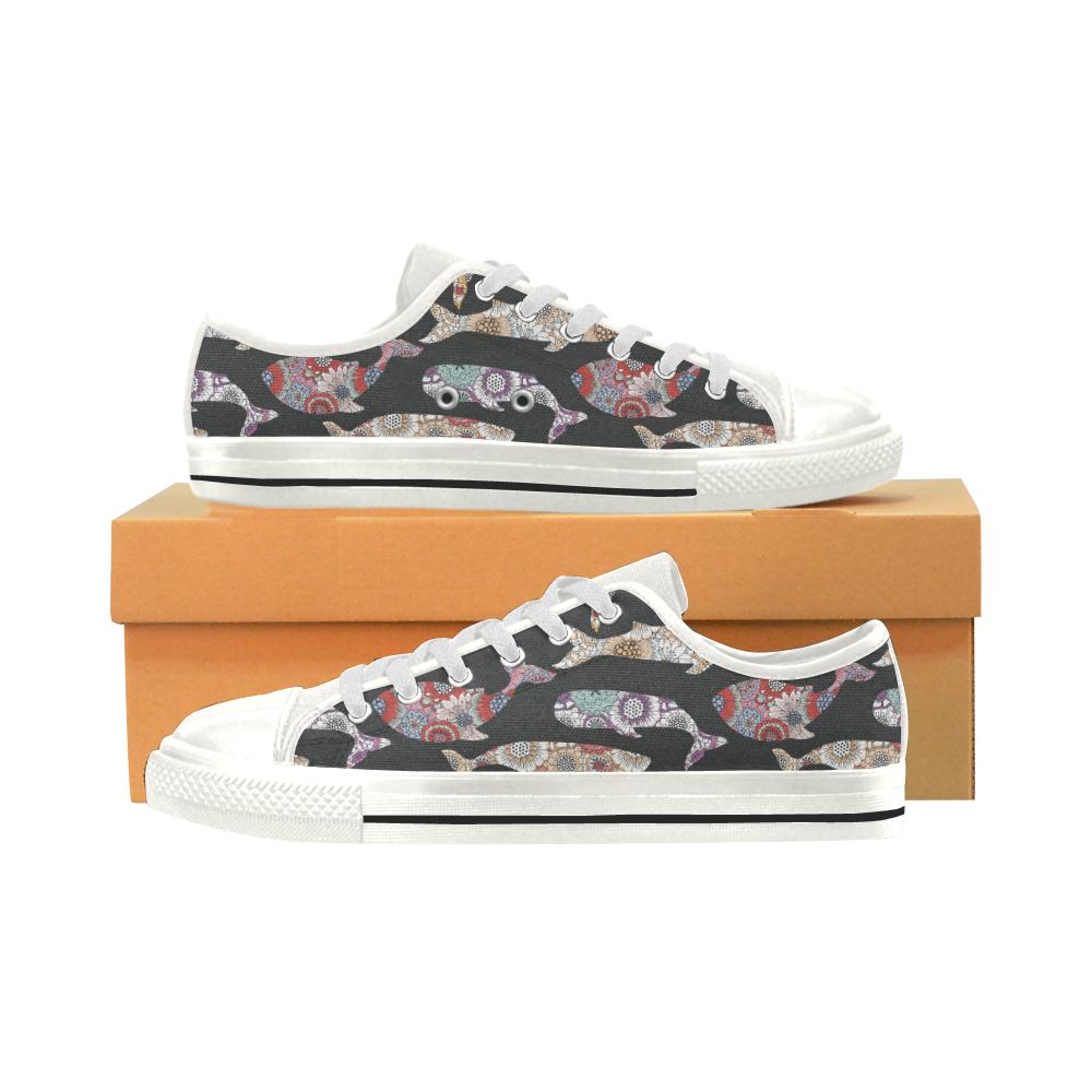 Whale Flower Tribal Pattern Women’s Low Top Shoes White