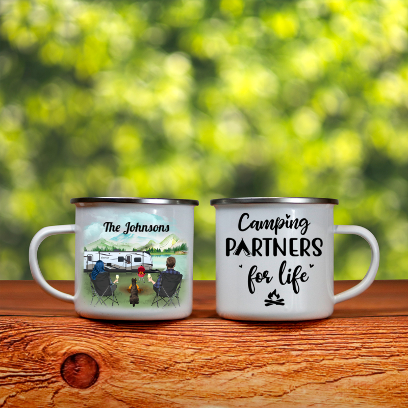 Personalized cat, dog & owners enamel mug, gift idea for the whole family, camping lovers – Couple & 1 Pet Camping enamel mug – Happy Campers