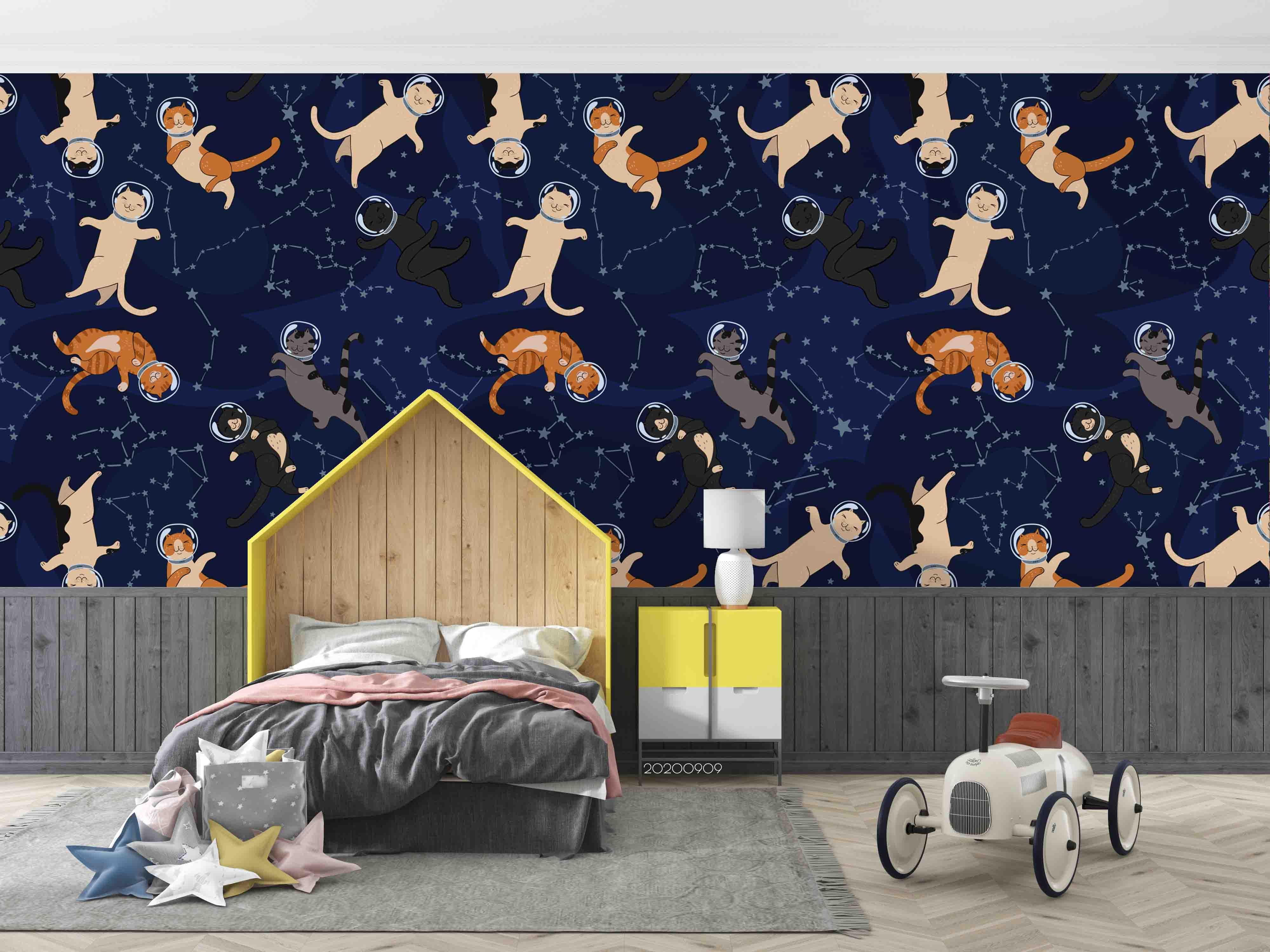 3D Space Astronaut Cat Animal Star Track Wall Mural Wallpaper Lxl