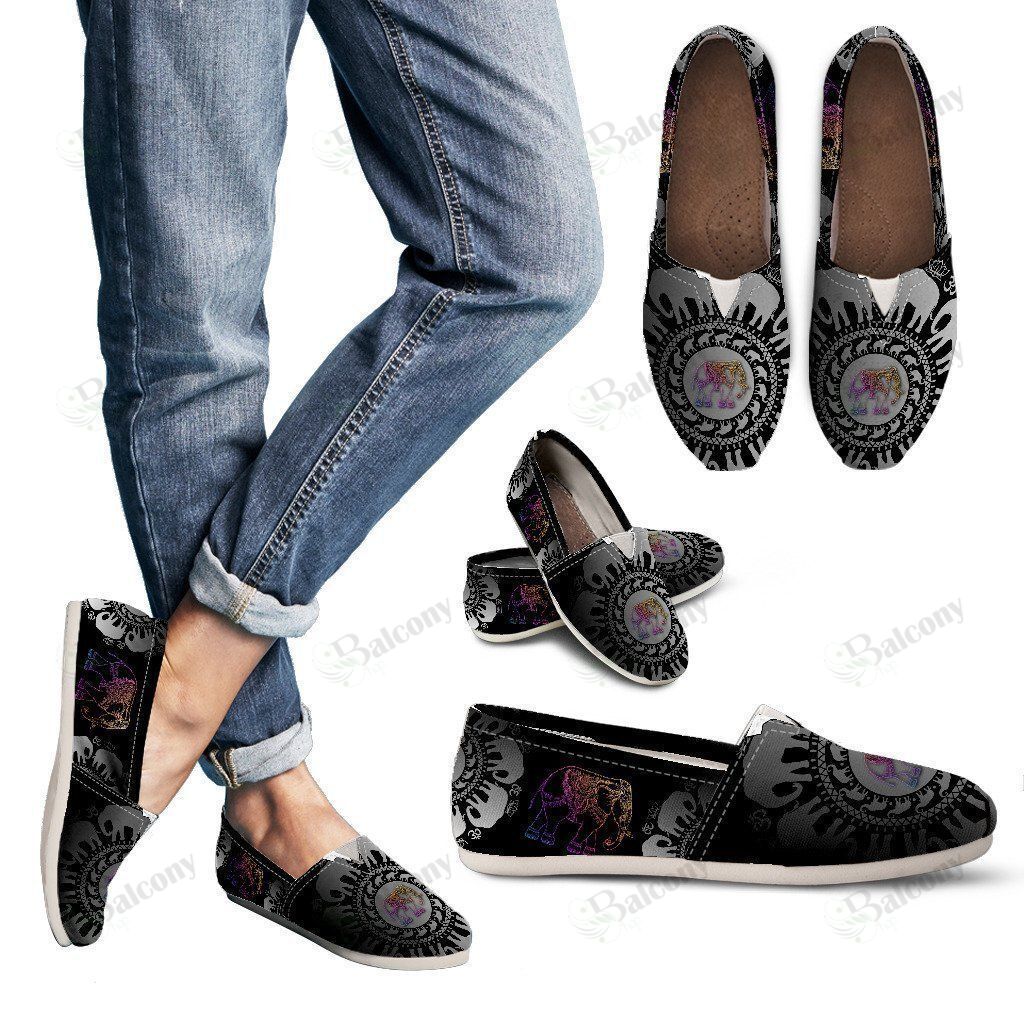 Black Silver Rainbow Elephant Mandala Womens Casual Shoes