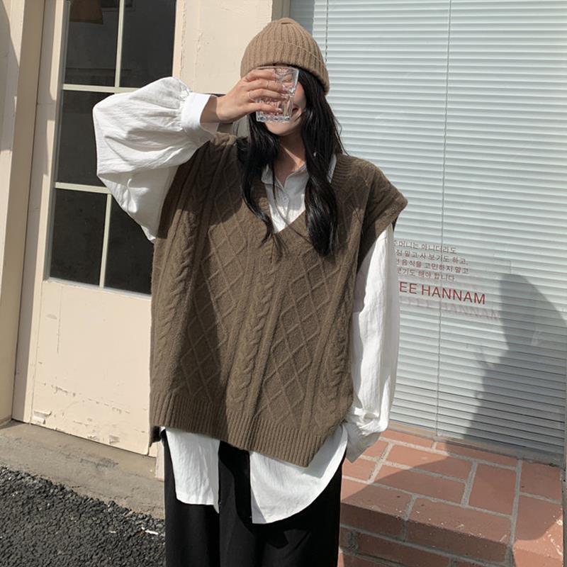 Vests Women Retro V-neck Chic Ulzzang Loose All-match Females Knitting Sweaters Sleeve Casual Streetwear Spring Asymmetrical New alx