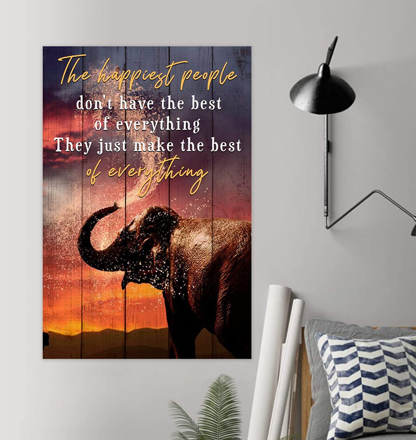 Vintage Elephant – The Happiest People Make The Best Of Everything Poster Art Print      Home Decor Gift For Men Women Family Friend On Birthday Xmas