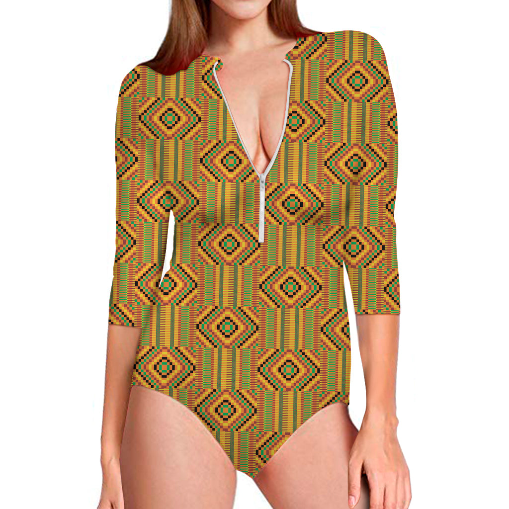 Ashanti Kente Pattern Print Long Sleeve One Piece Swimsuit