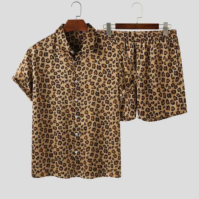 Sets Leopard Printed Lapel Short Sleeve Shirt Beach Shorts