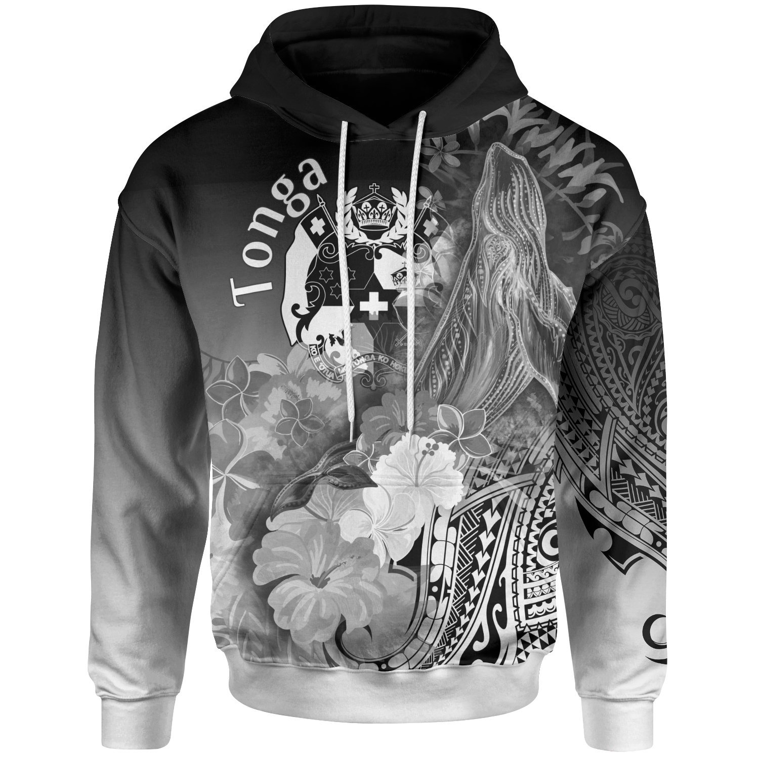 TONGA Hoodie – Humpback Whale with Tropical Flowers (WHITE)- BN18