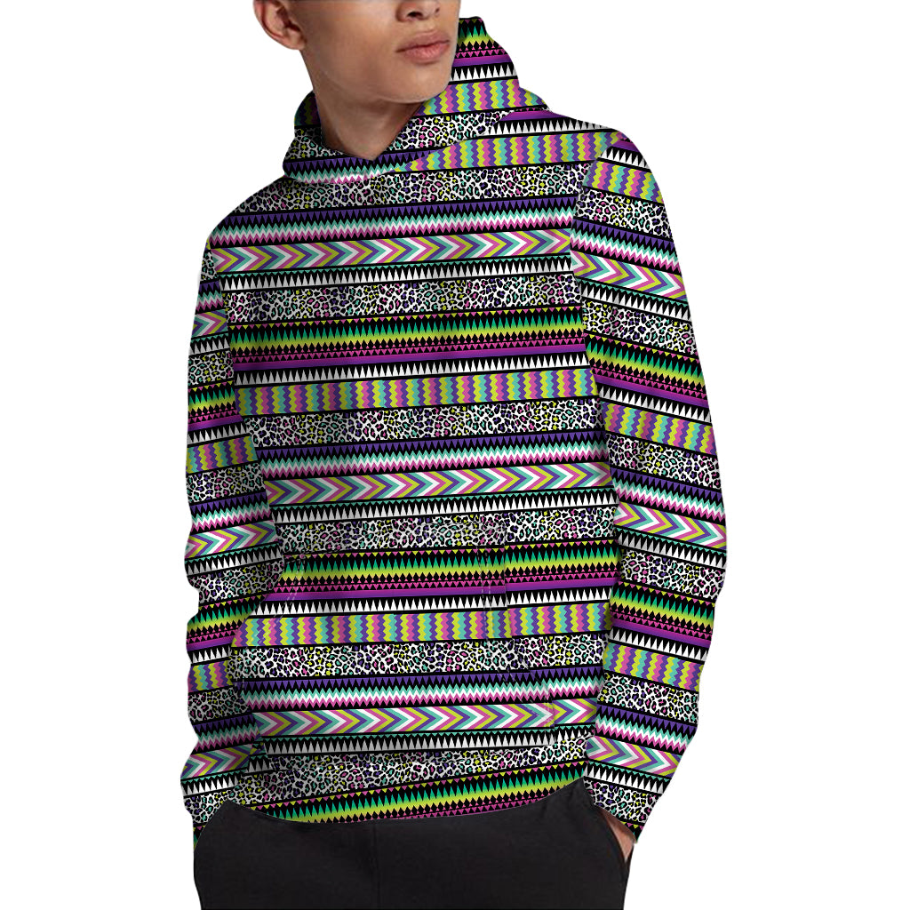 Colorful Leopard Navajo Tribal Print Pullover Hoodie