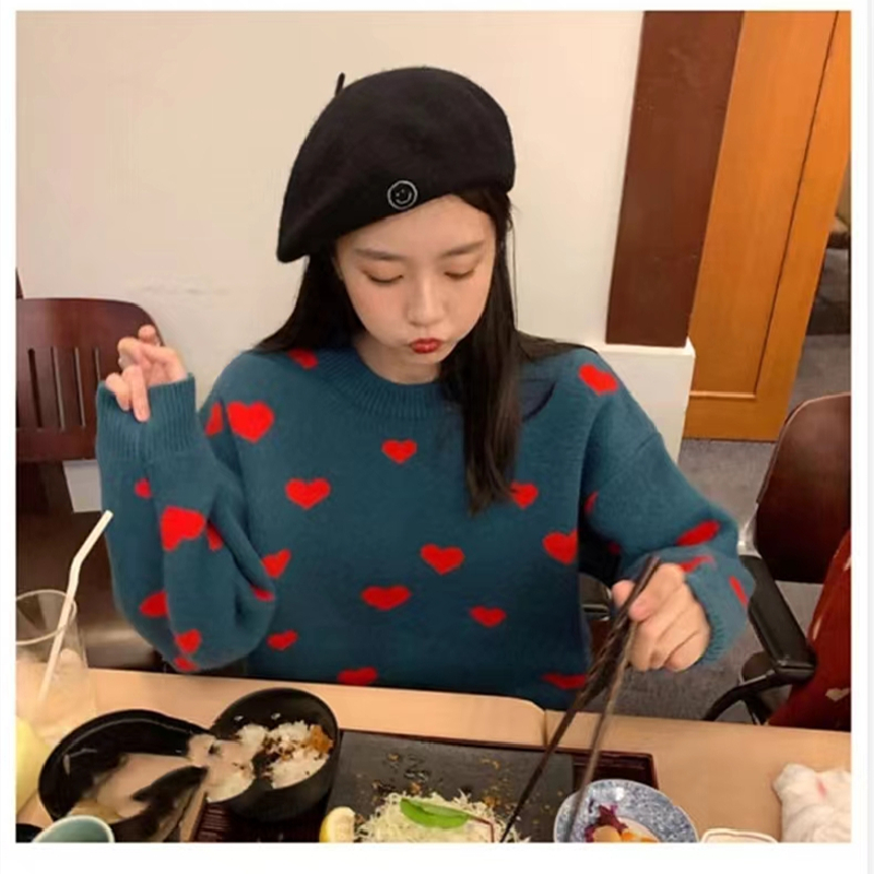 Winter Women’s Clothing Solid Color Sweater Fashion Lazy Retro Red Heart Print CrewNeck Long Sleeves Knitting Pullover Tops alx