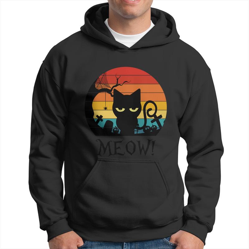 Vintage Scary Black Cat Meow Kitten Halloween Day Men Hoodie Graphic Print Hooded Sweatshirt