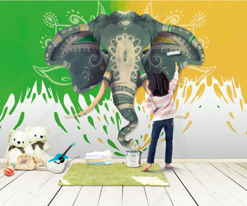 3D Hand-Painted  Elephant Yellow Green Wall Mural Wallpaper Sww3247