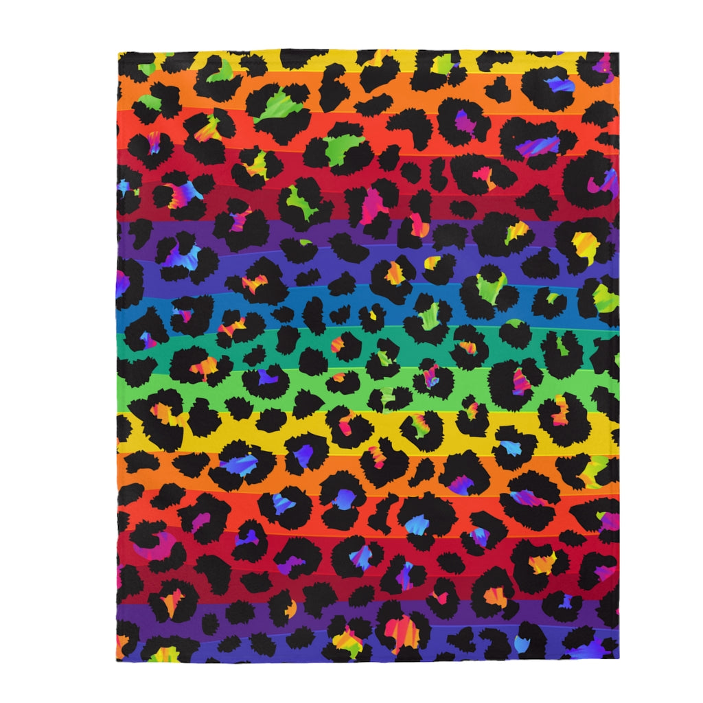 Velveteen Plush Blanket Leopard Ombre Rainbow Pattern