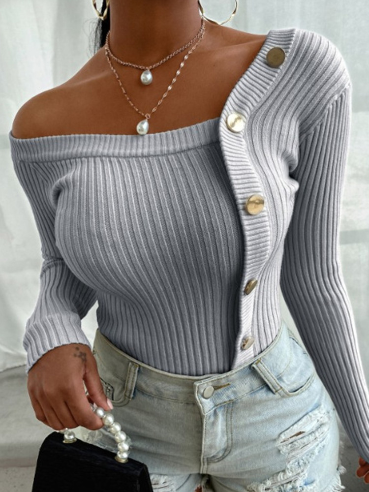 Colorblock Button Design Long Sleeve Knit Sweater Women Casual Pullover Tops alx